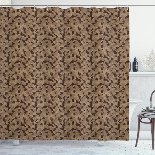 Camouflage Earth Tones Bath Curtain with Cocoa, Camel, and Brown Pattern