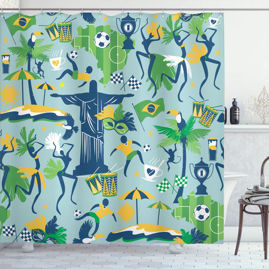 Brazil Cultural Fusion: Carnival-Inspired Shower Curtain in Fern Green, Dark Sky Blue, Mustard, and Pale Seafoam