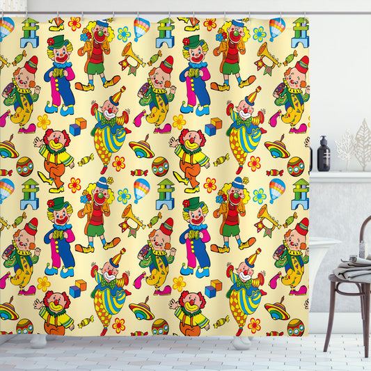 Cheerful Yellow and Blue Cartoon Clown Nursery Shower Curtain