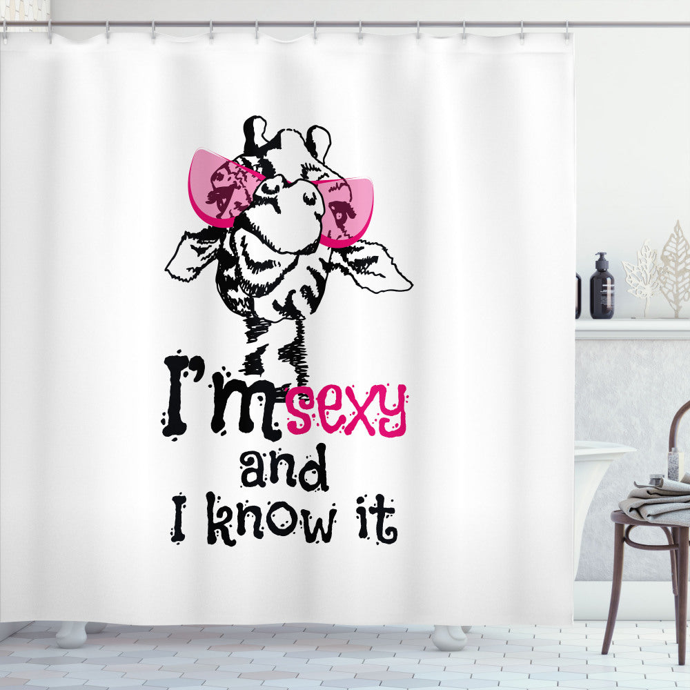 Whimsical Animal Fashion: Giraffe Print Bath Curtain in White, Black, and Pink