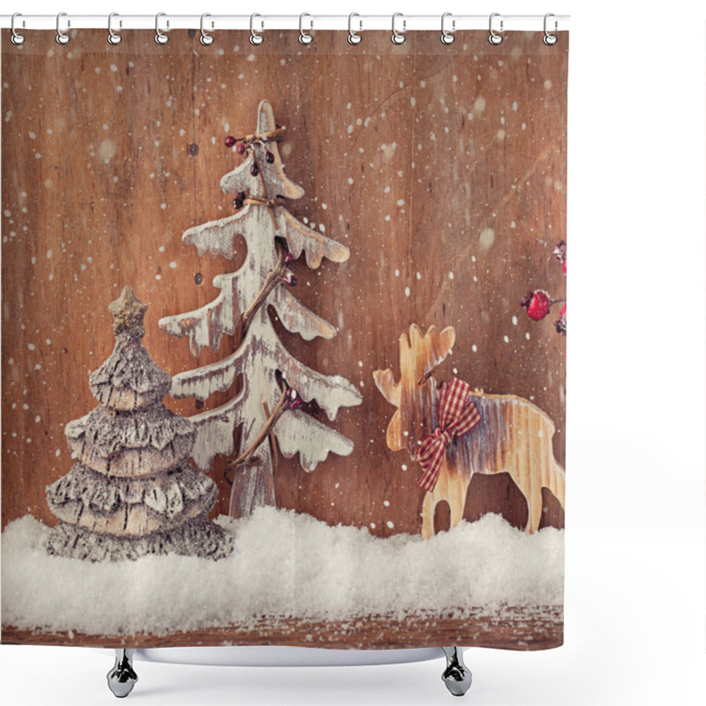 Christmas Deer and Pine Tree Design on White and Brown Shower Curtain