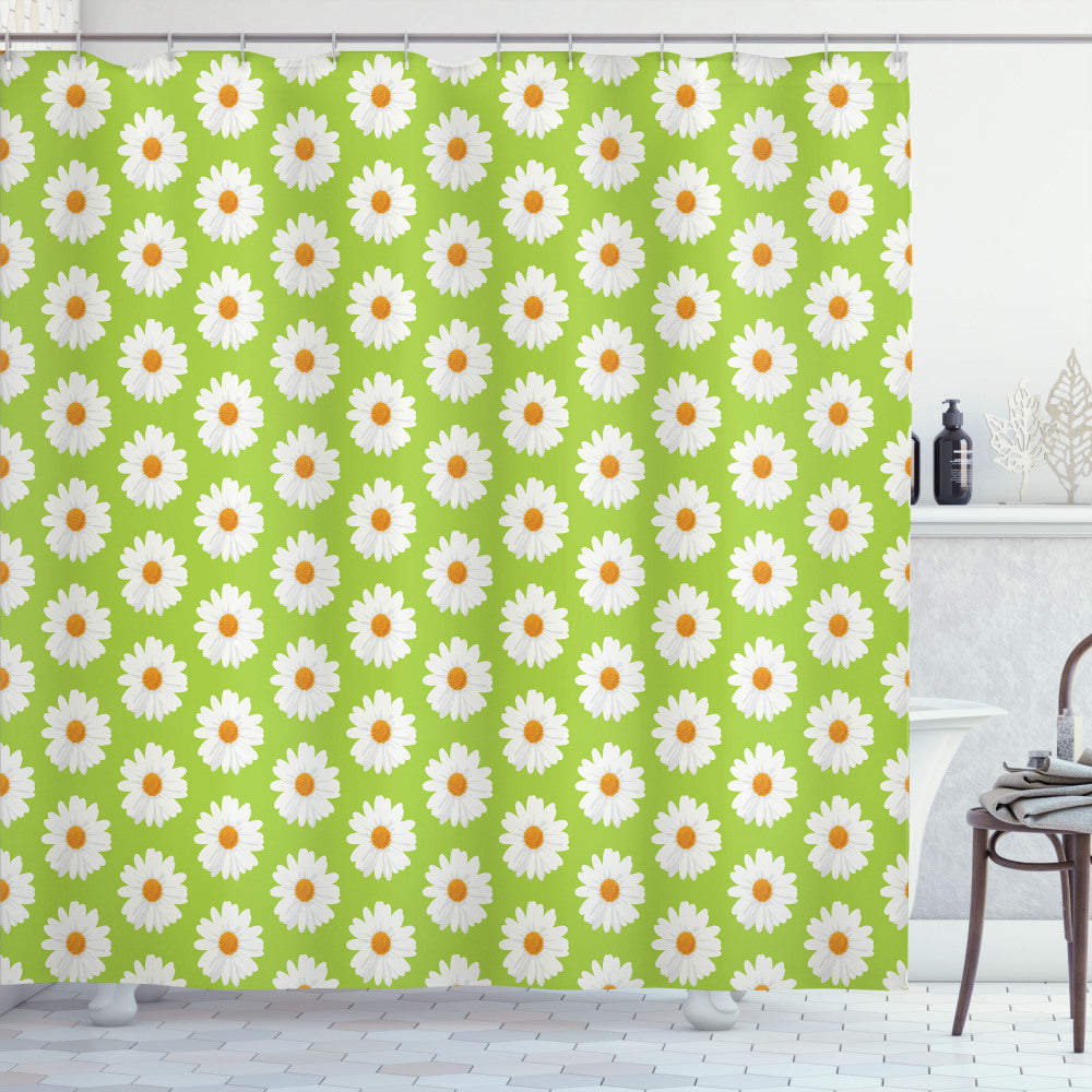 Blooming Marguerite Daisies Shower Curtain in Earth Yellow, Apple Green, and White