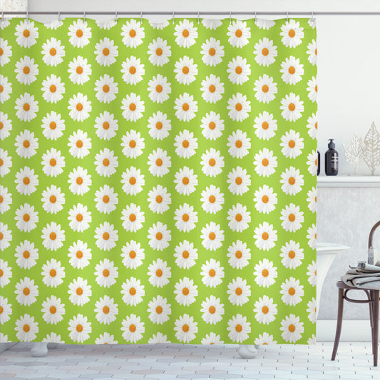 Blooming Marguerite Daisies Shower Curtain in Earth Yellow, Apple Green, and White