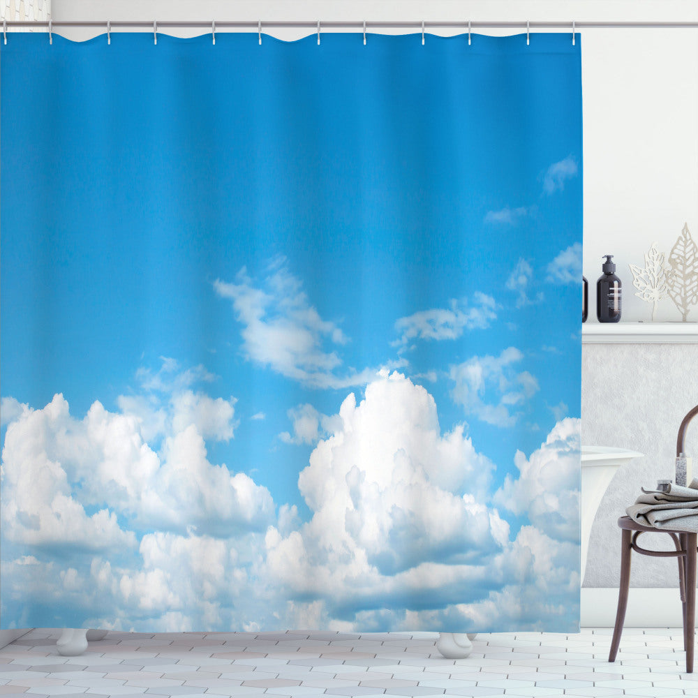 Tranquil Cloudy Landscape: White and Blue Shower Curtain Design