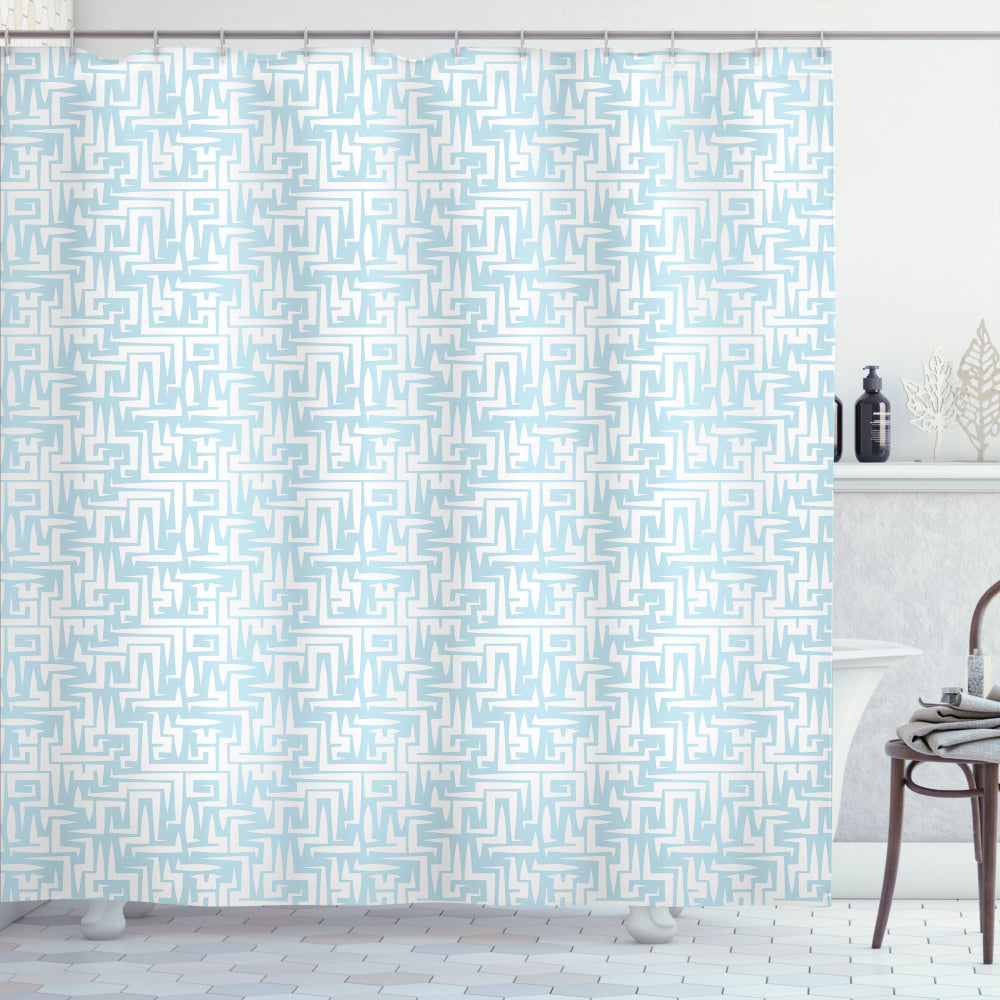 Abstract Maze Style Motif in Baby Blue and White Shower Curtain