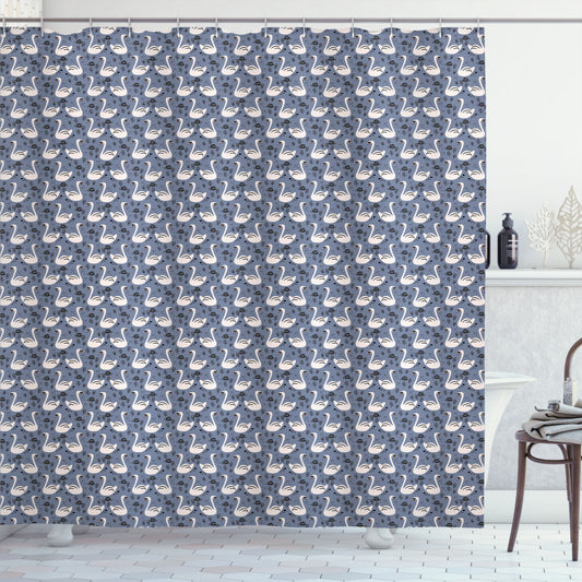 Swans and Lotus: Delicate Lake Creatures in Ceil Blue, Pearl, and Pale Rust - Shower Curtain