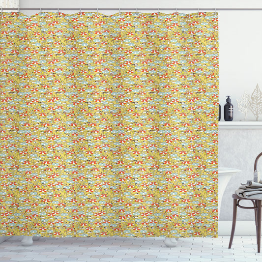 Vibrant Teenagers Having Fun Under Umbrella Girl Design with Mustard, Vermilion, and Almond Green Shower Curtain