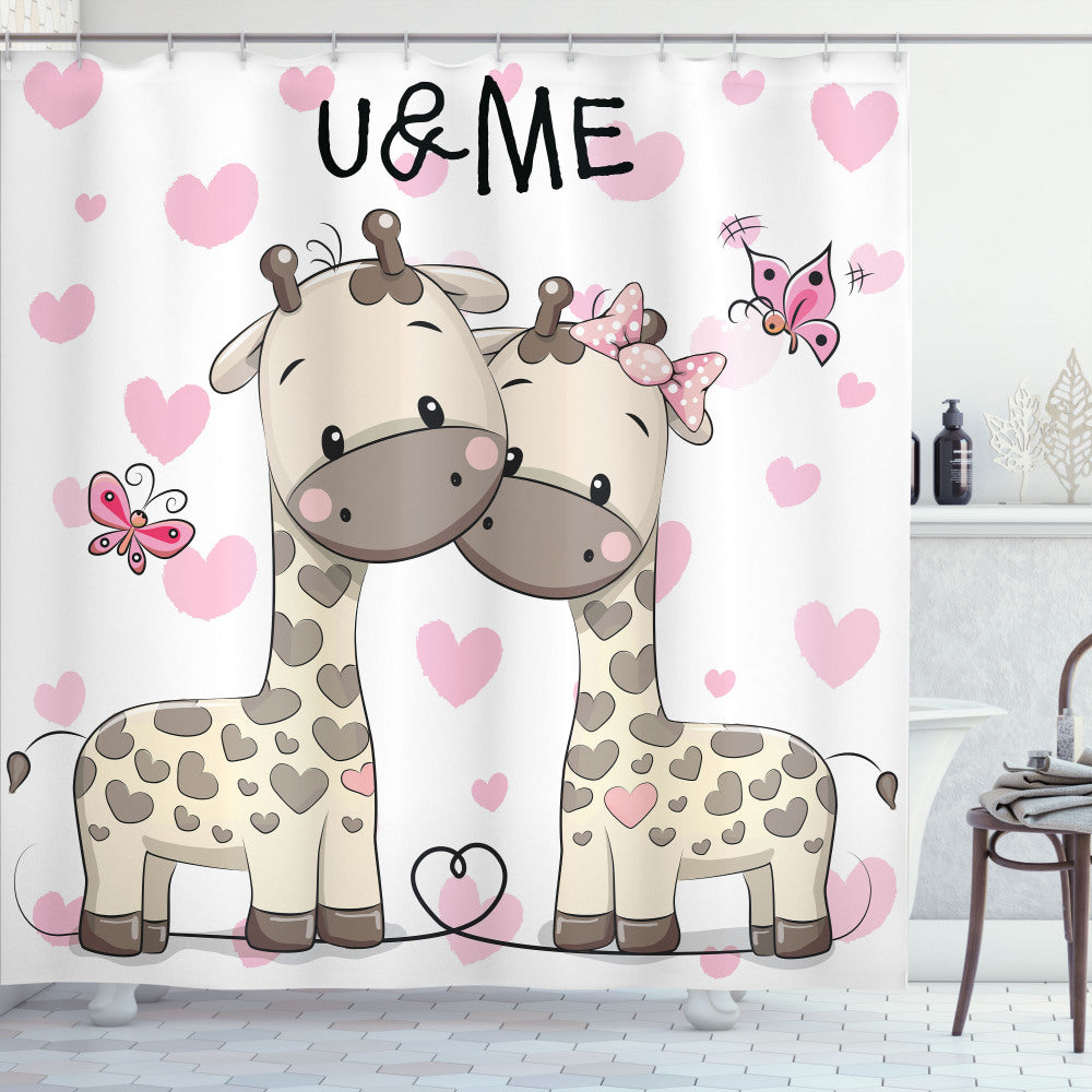 Animal-Inspired Baby Giraffes and Hearts Design Shower Curtain in White, Grey, and Pink