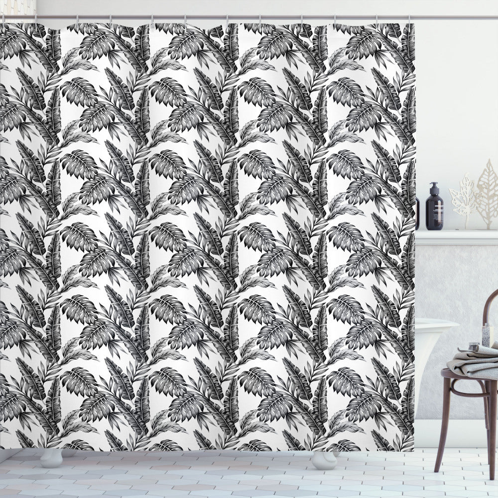 Tropical Tree Leaves Design Shower Curtain in Jungle Theme with White, Black, and Grey Colors