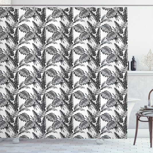 Tropical Tree Leaves Design Shower Curtain in Jungle Theme with White, Black, and Grey Colors