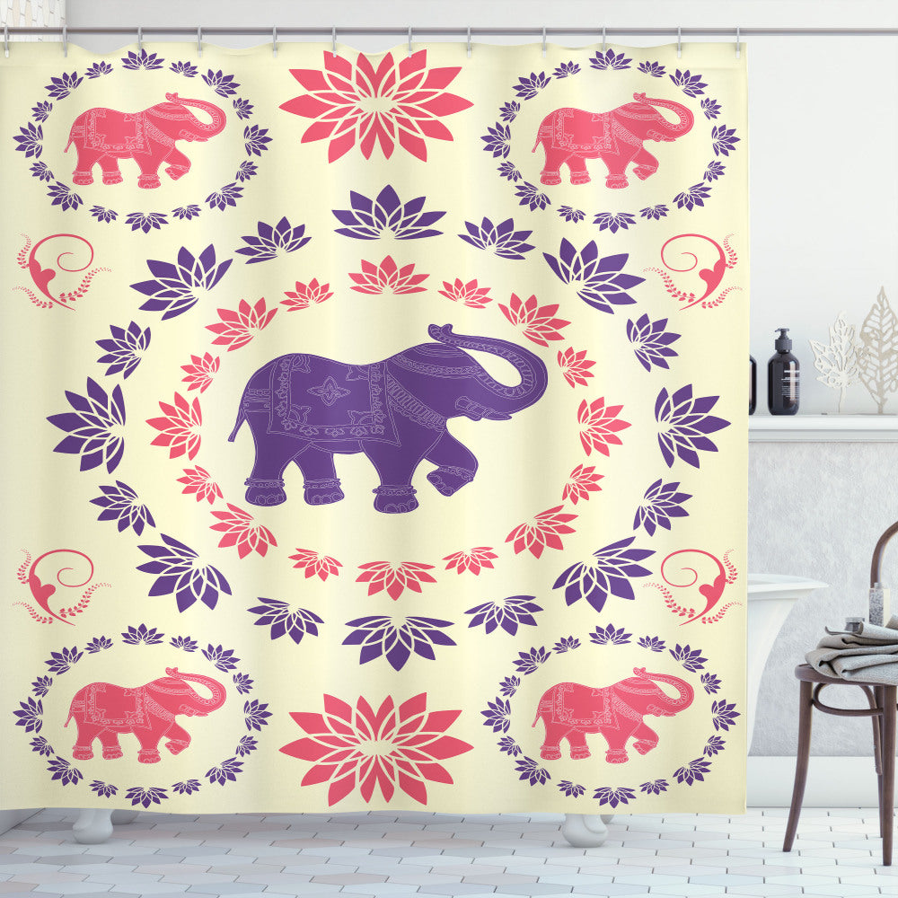 Vibrant Floral Elephant Shower Curtain in Purple, Cream, and Pink Colors