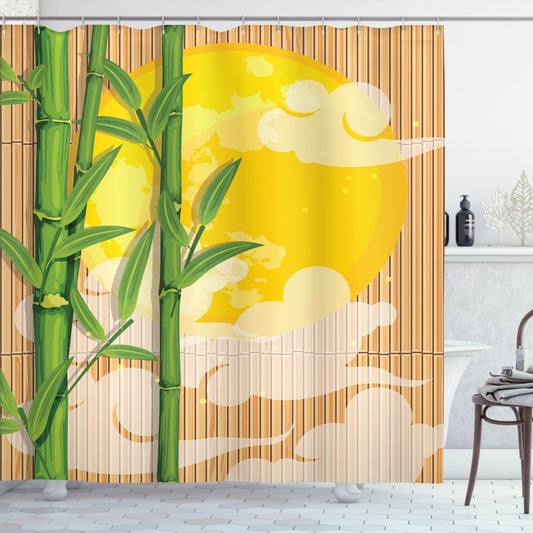 Asian-inspired Bamboo Full Moon Clouds Shower Curtain in Yellow Green and Pale Brown