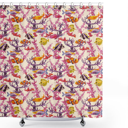 Watercolor Multicolor Seaweed Coral Fish Design Shower Curtain