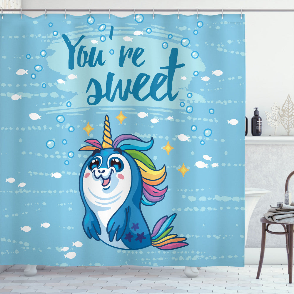 Blue Unicorn Penguin and Sea-themed Shower Curtain