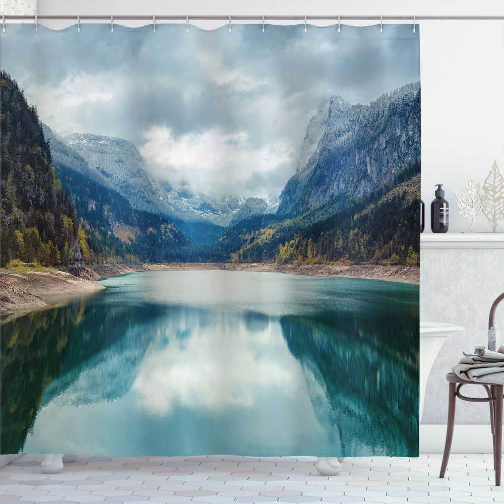 Alpine Lake Sky Forest Shower Curtain - A Serene Landscape in Shades of Green, Grey, and Blue