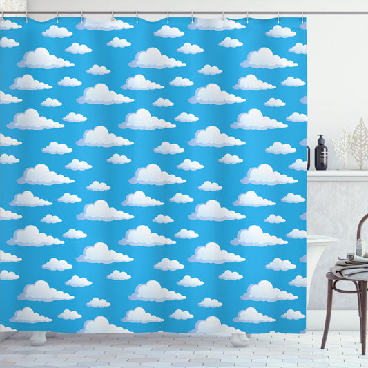 Cloud-Infused Azure Blue and Baby Blue with White Bath Curtain for a Calming Celestial Scene