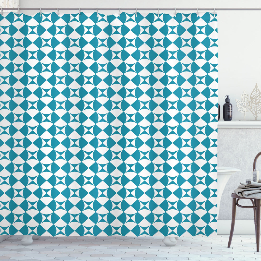 Abstract Crazy Art Design with Diagonal Circles and Squares in Sea Blue and White Shower Curtain