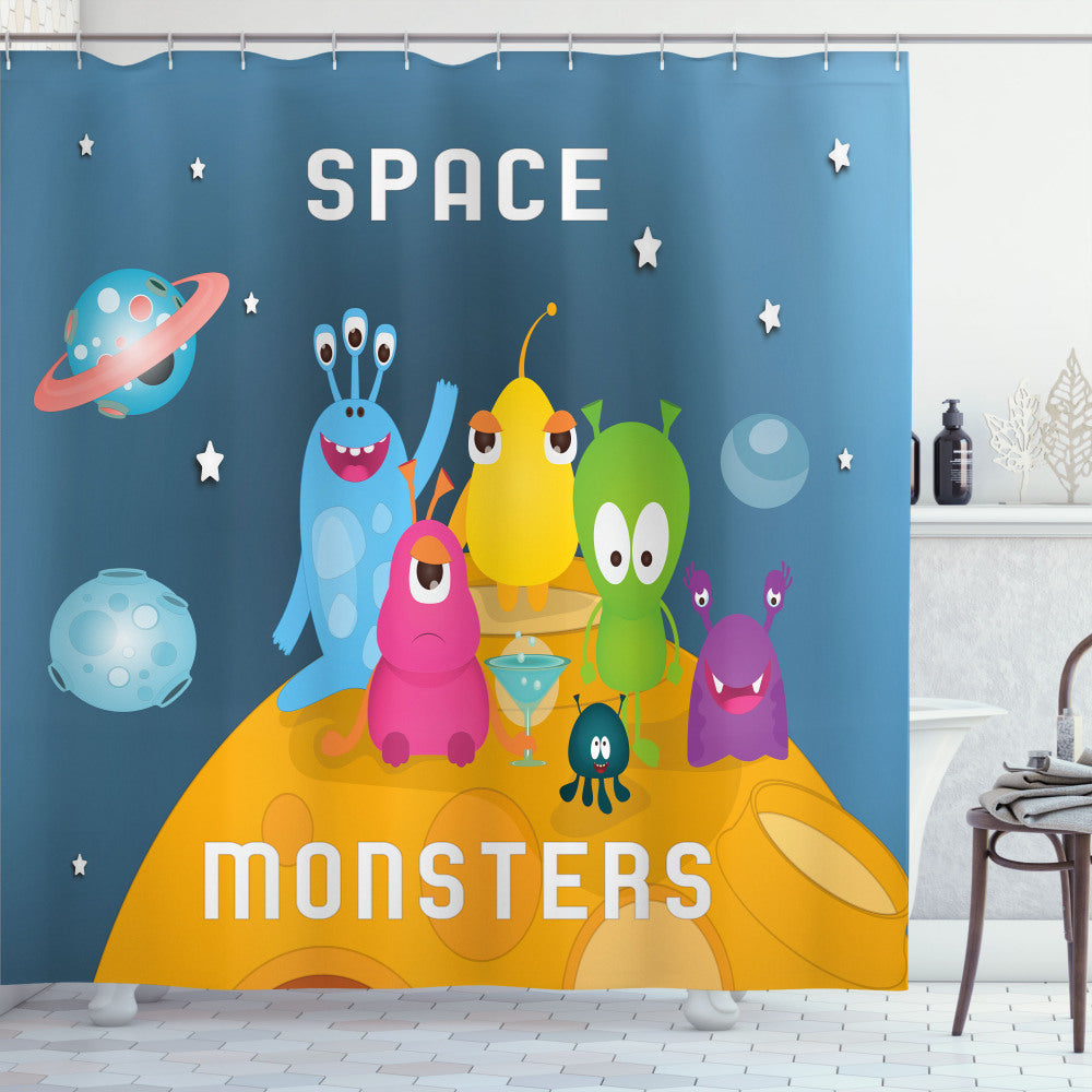 Alien Inspired Slate Blue and Multicolor Space Monsters Calligraphy Shower Curtain