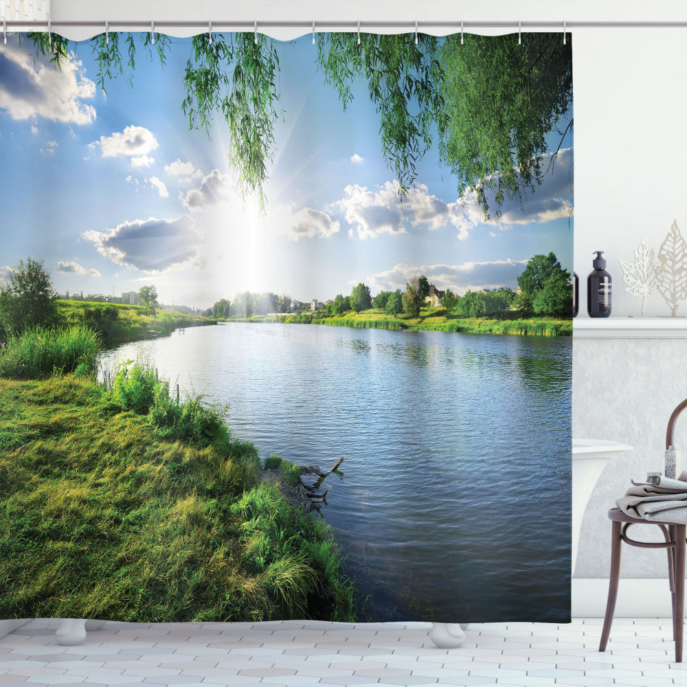 Tranquil Summer River Scene Bath Curtain in Nature's Fern Green and Sky Blue Hues