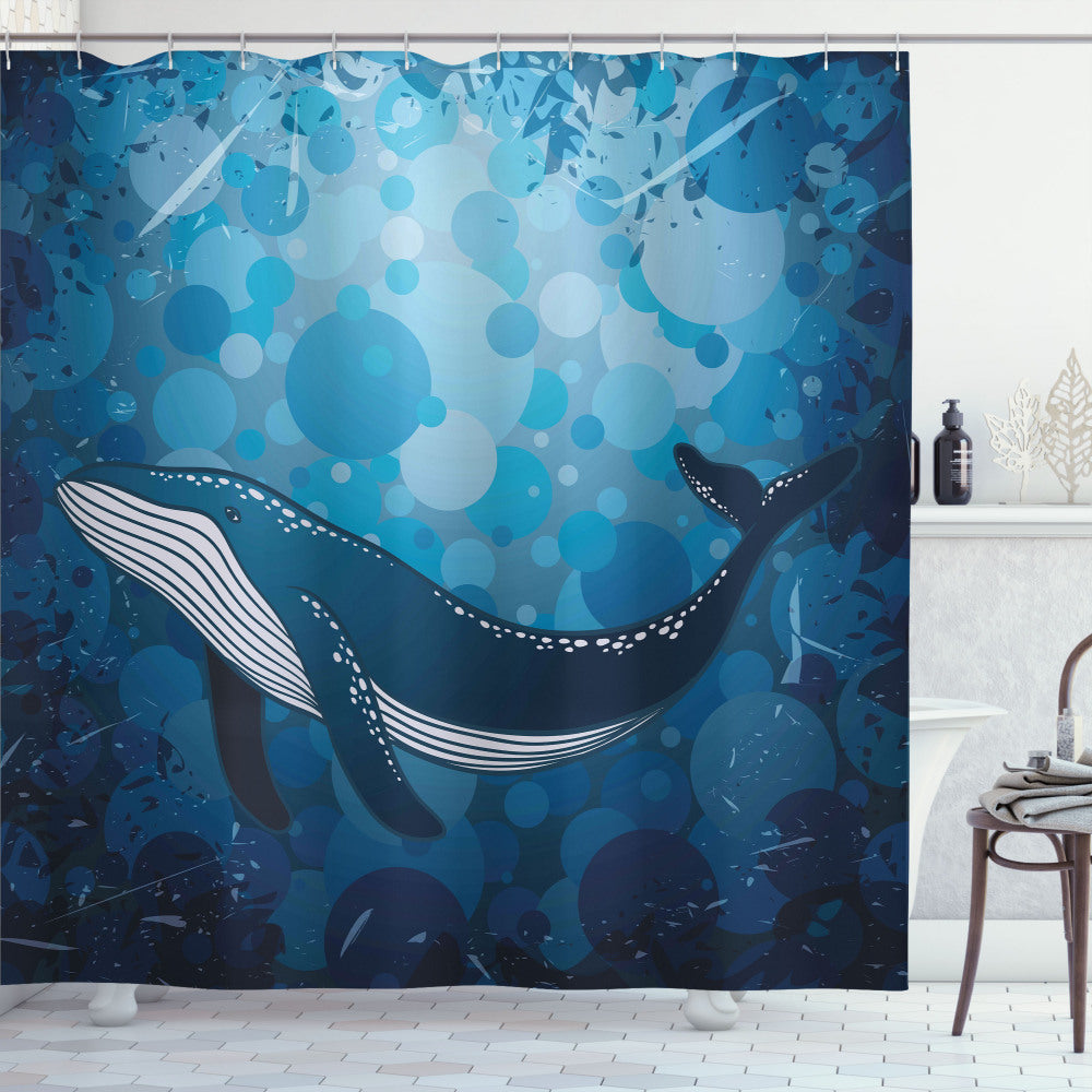 Whimsical Whale Print Shower Curtain in Violet Blue and Petrol - Retro Marine Ocean Theme