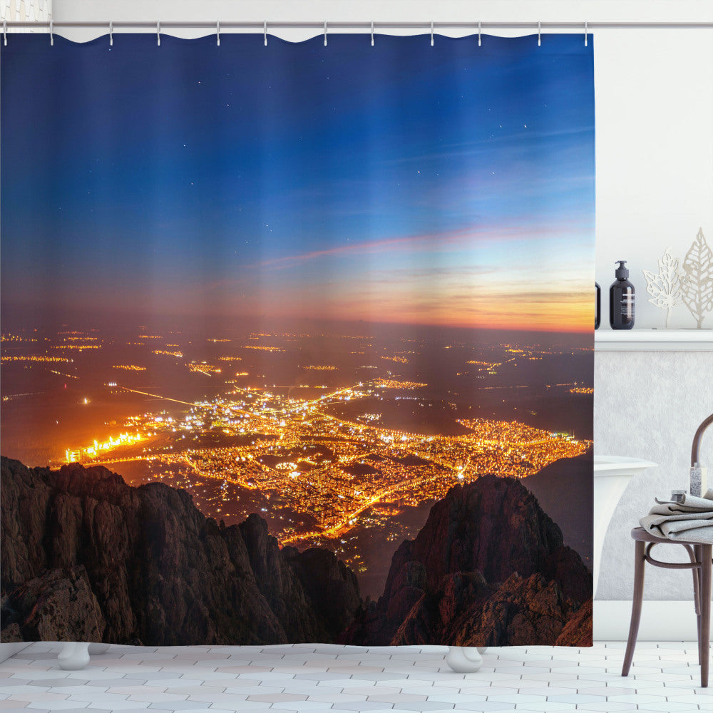 Twilight City Landscape Bath Curtain in Orange, Brown, and Blue Color Palette