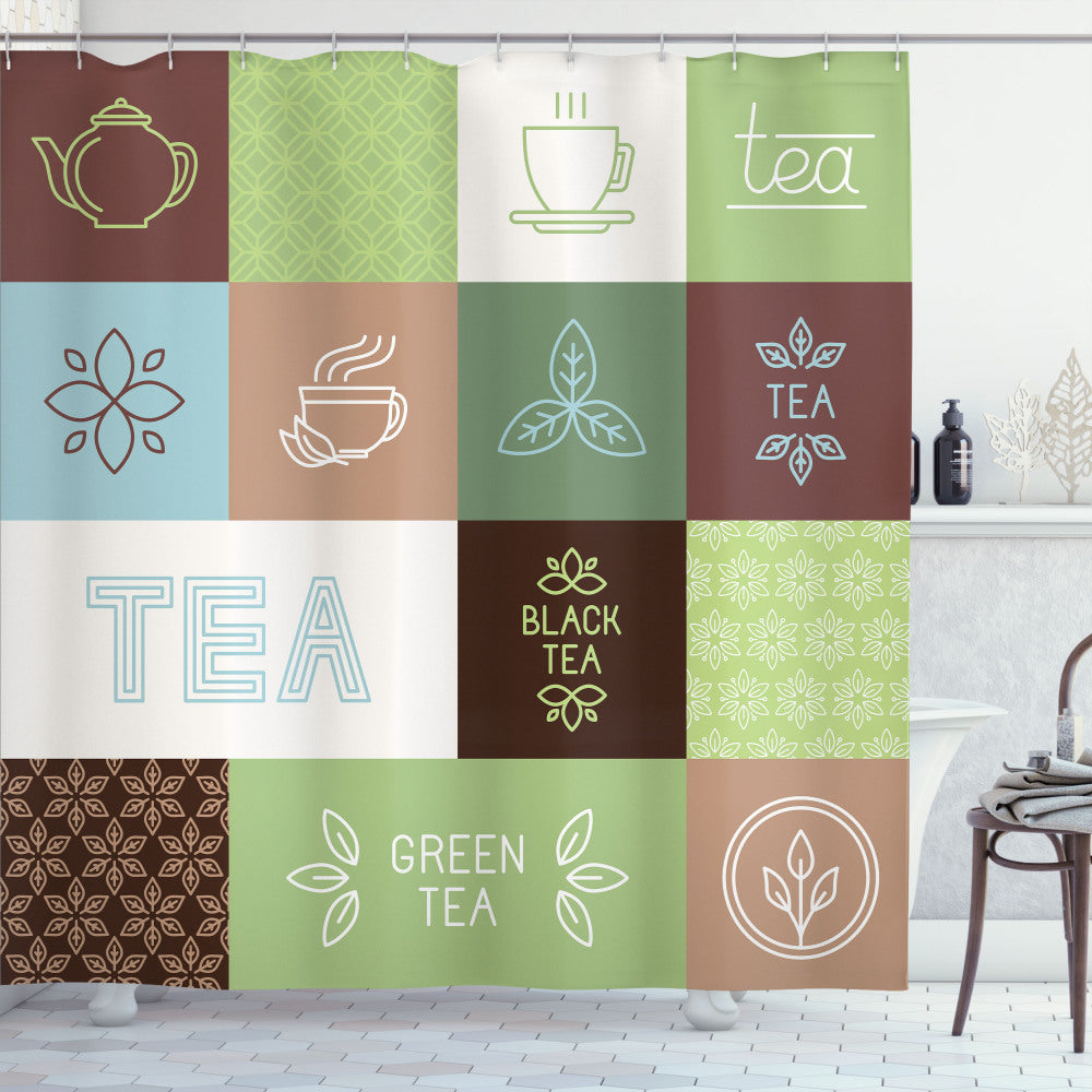 Tea Party Checkered Bath Curtain in Green, Brown and Blue Patterns