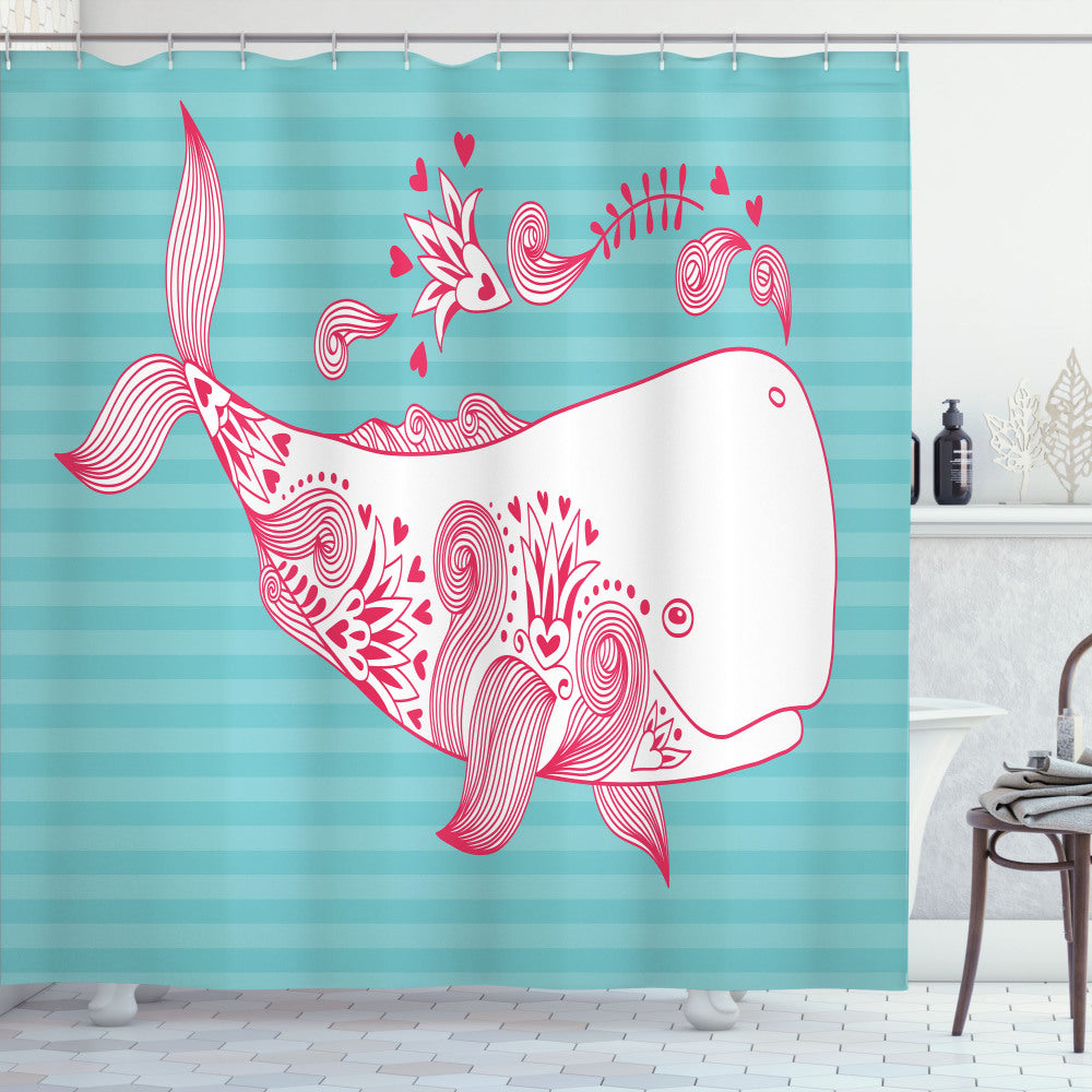 Whale of a Time - Happy Big Fish Shower Curtain in White, Teal, and Pink