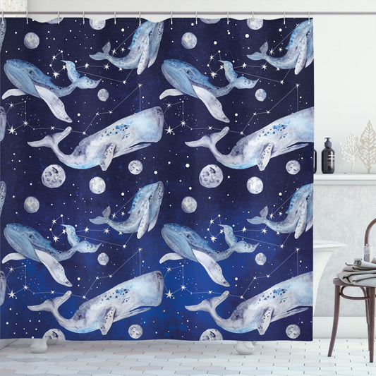 Whale Planet Cosmos: Navy and Purple Grey Shower Curtain