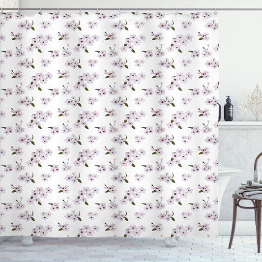 Almond Blossom and Olive Green Leaf Flower Pattern Enhanced Pale Lavender Blue Shower Curtain