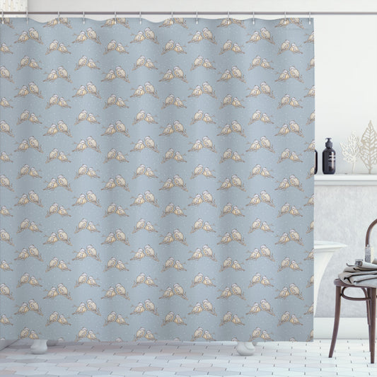 Blue Grey Polka Dot Little Titmouse Birds Printed Shower Curtain