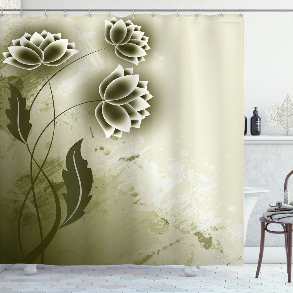 Abstract Charcoal Grey and Dark Green Ivy Leaf Floral Shower Curtain with White Accents