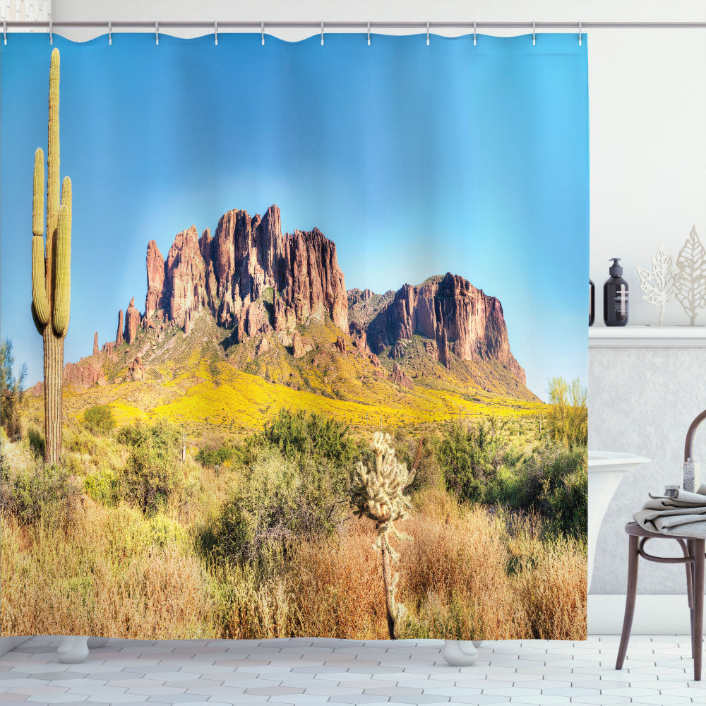 Blooming Mountain Bath Curtain featuring Saguaro, Orange and Brown Patterns