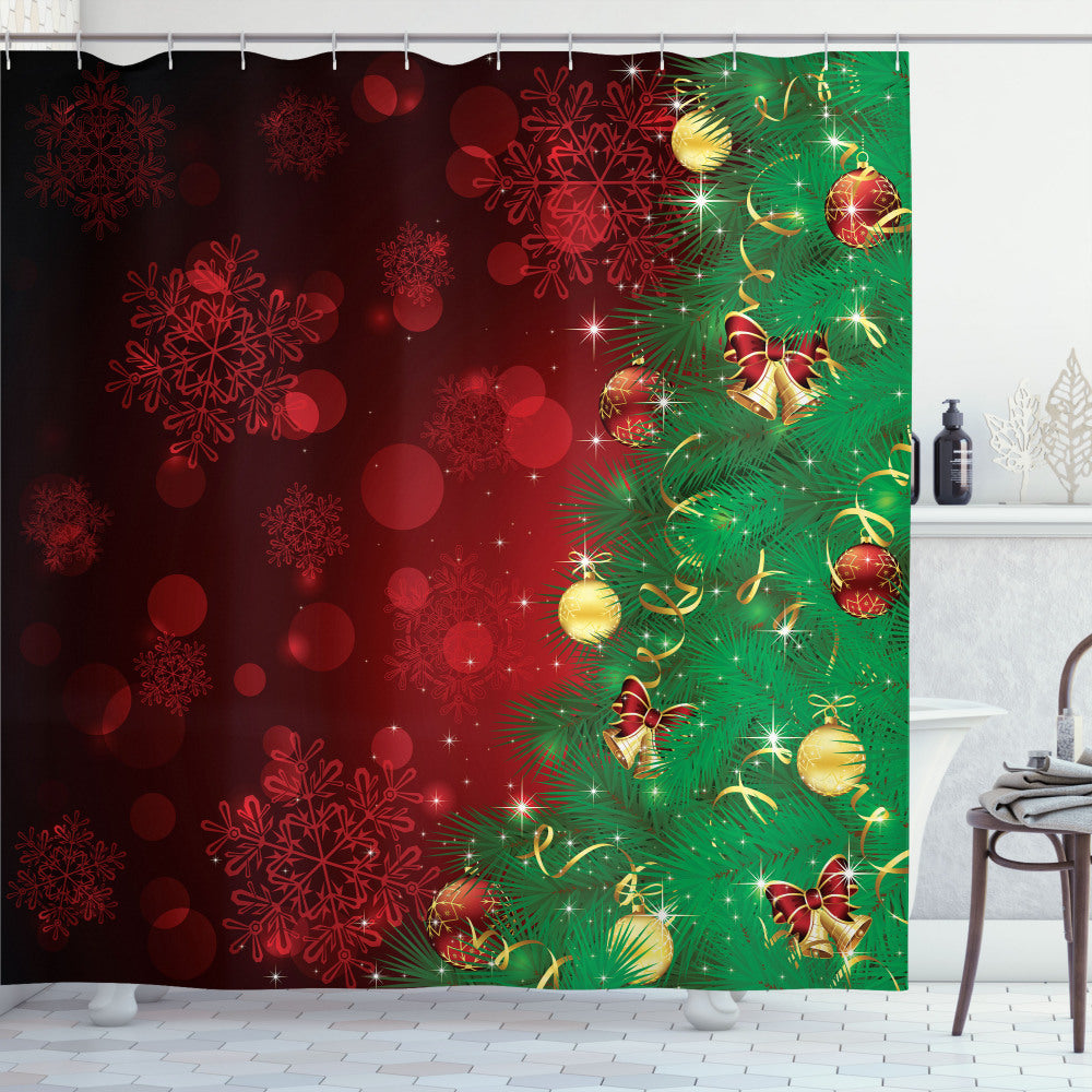 Christmas-themed Jingle Bells Trees Shower Curtain in Burgundy and Green