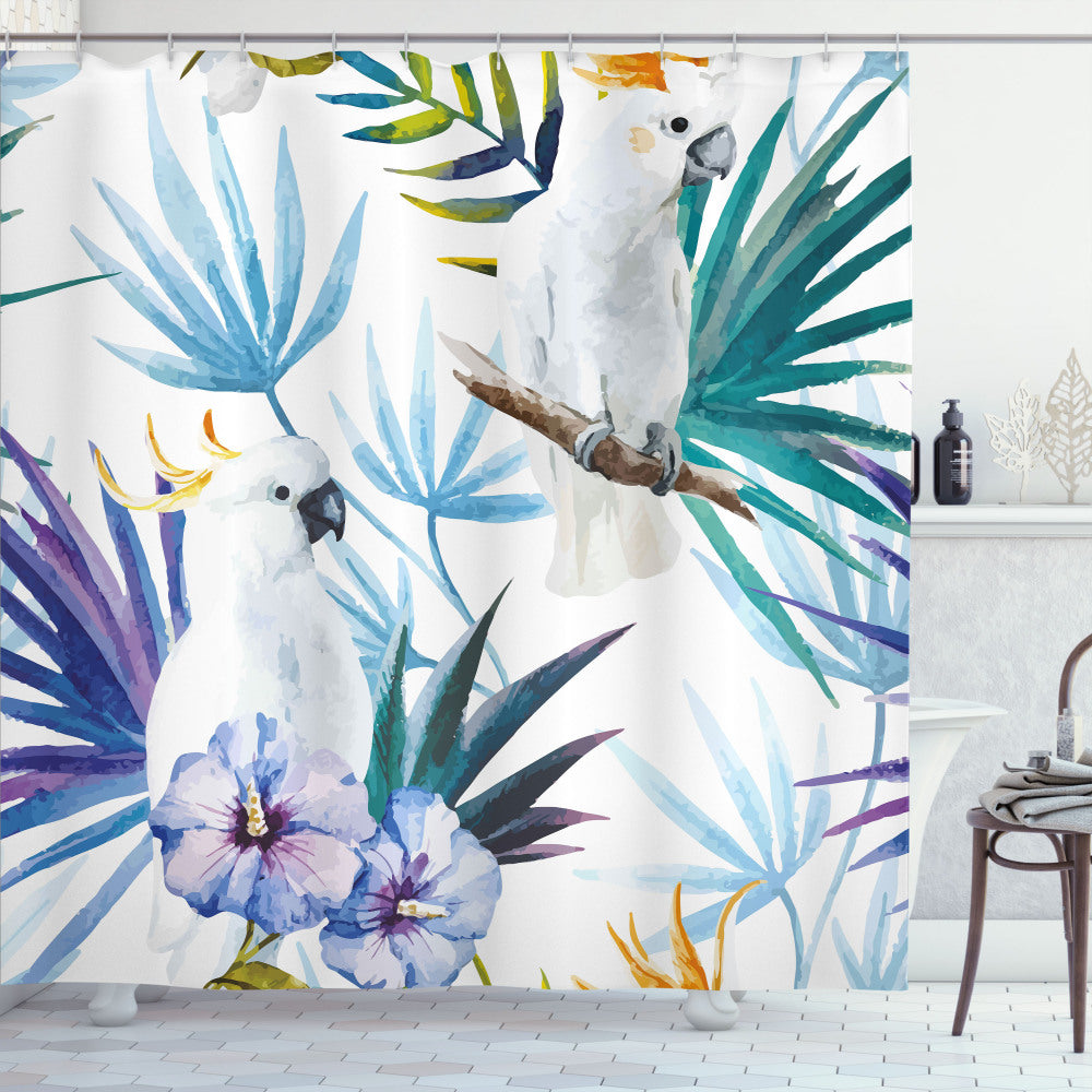 Tropical Watercolor Parrot Palm Multicolor Shower Curtain