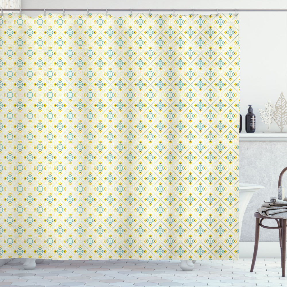 Yellow and Blue Leaves Flowers Shower Curtain in Earth Yellow, Pale Yellow, and Teal