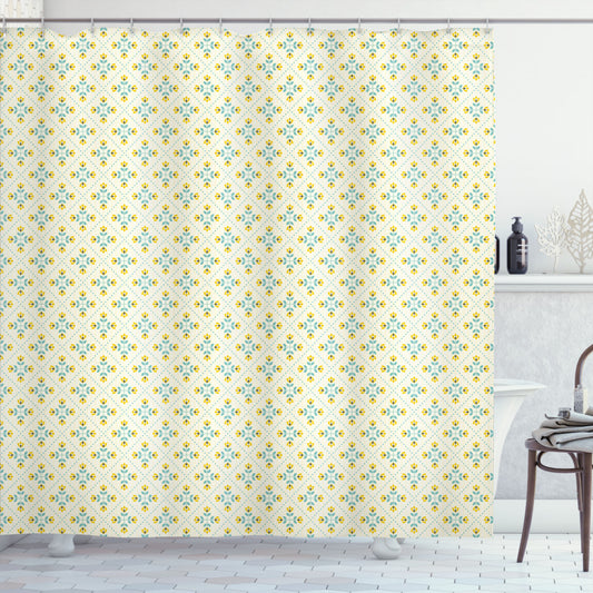 Yellow and Blue Leaves Flowers Shower Curtain in Earth Yellow, Pale Yellow, and Teal