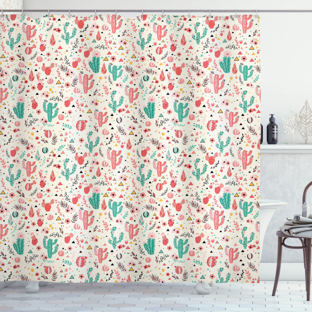 Botanical Inspired Cactus Plant Blossoms Shower Curtain in Dark Coral, Sea Green, and Ivory Tones