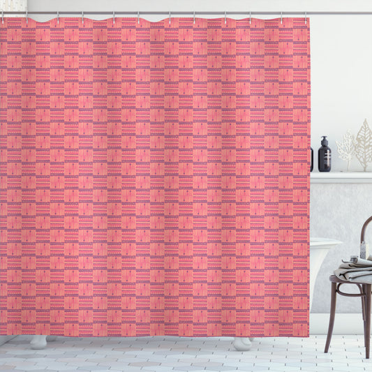 Boho-Inspired Shower Curtain with Horizontal and Vertical Stripes in Coral, Pale Eggplant, and Peach