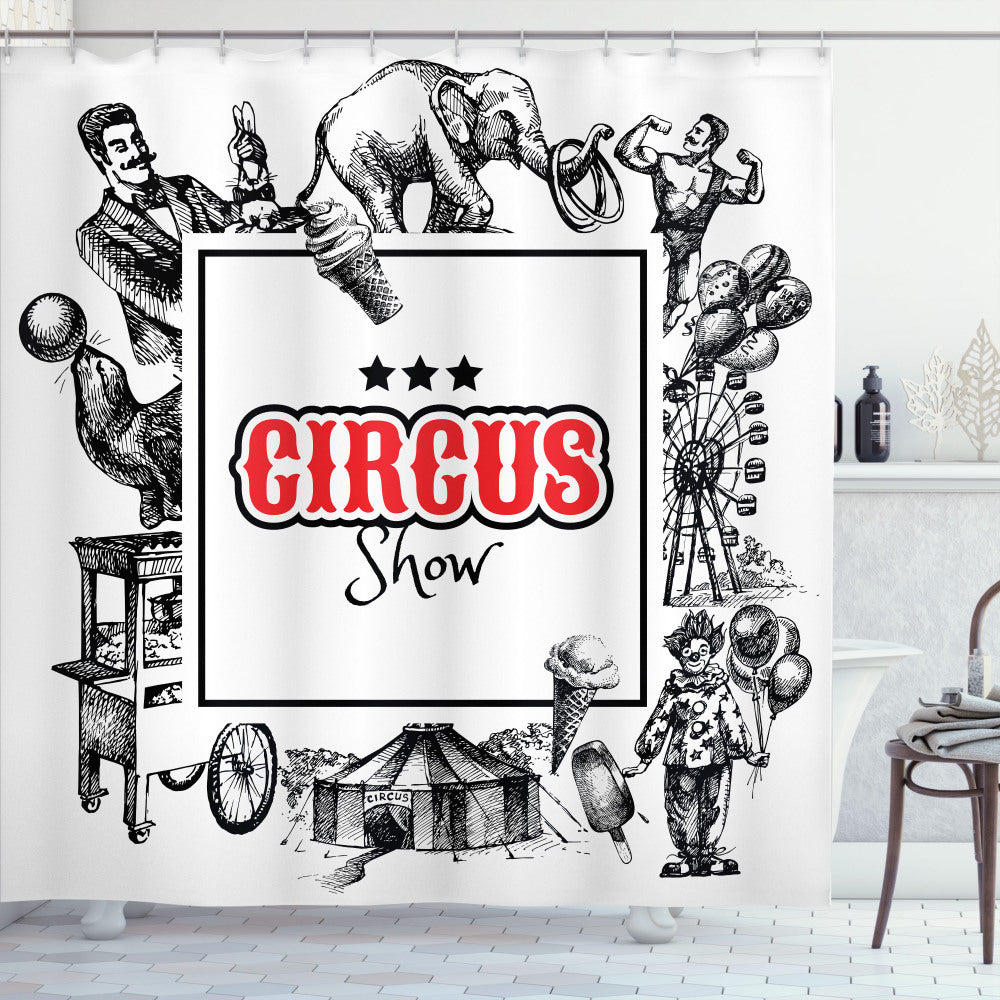 Vintage Circus Show Magician Inspired Orange and Black Shower Curtain