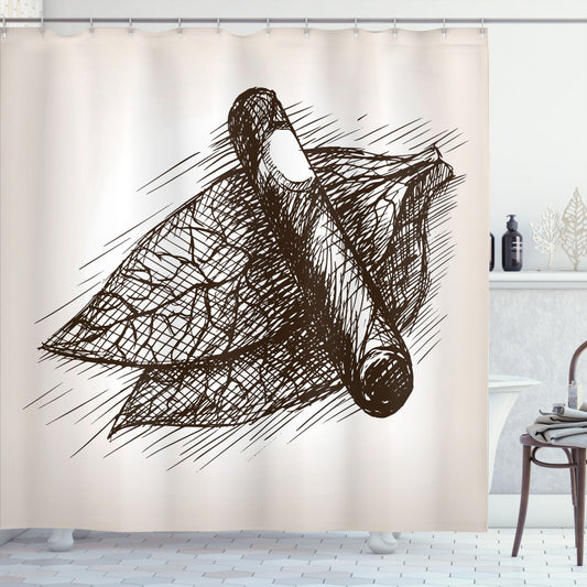 Cigar and Tobacco Leaves Sketch Art on Dark Brown and Eggshell Bath Curtain