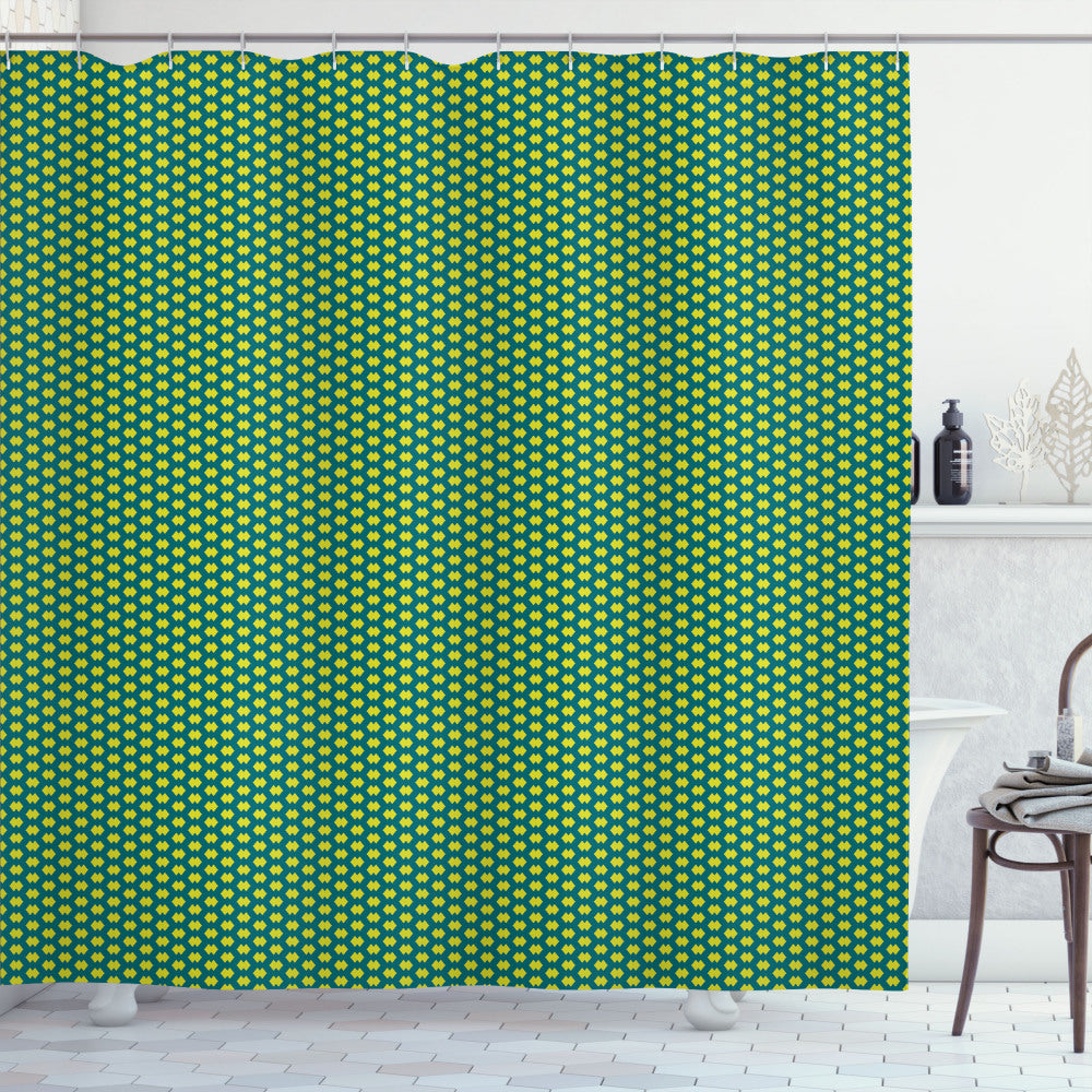 Abstract Geometric Design Bath Curtain in Yellow Green and Petrol Blue