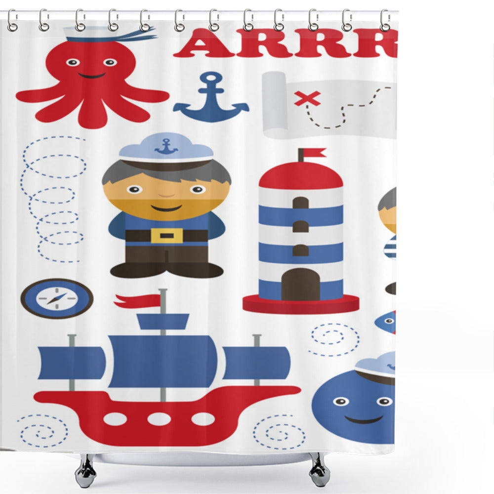 Ahoy It's a Boy: Nautical-themed Shower Curtain in White, Blue, and Red