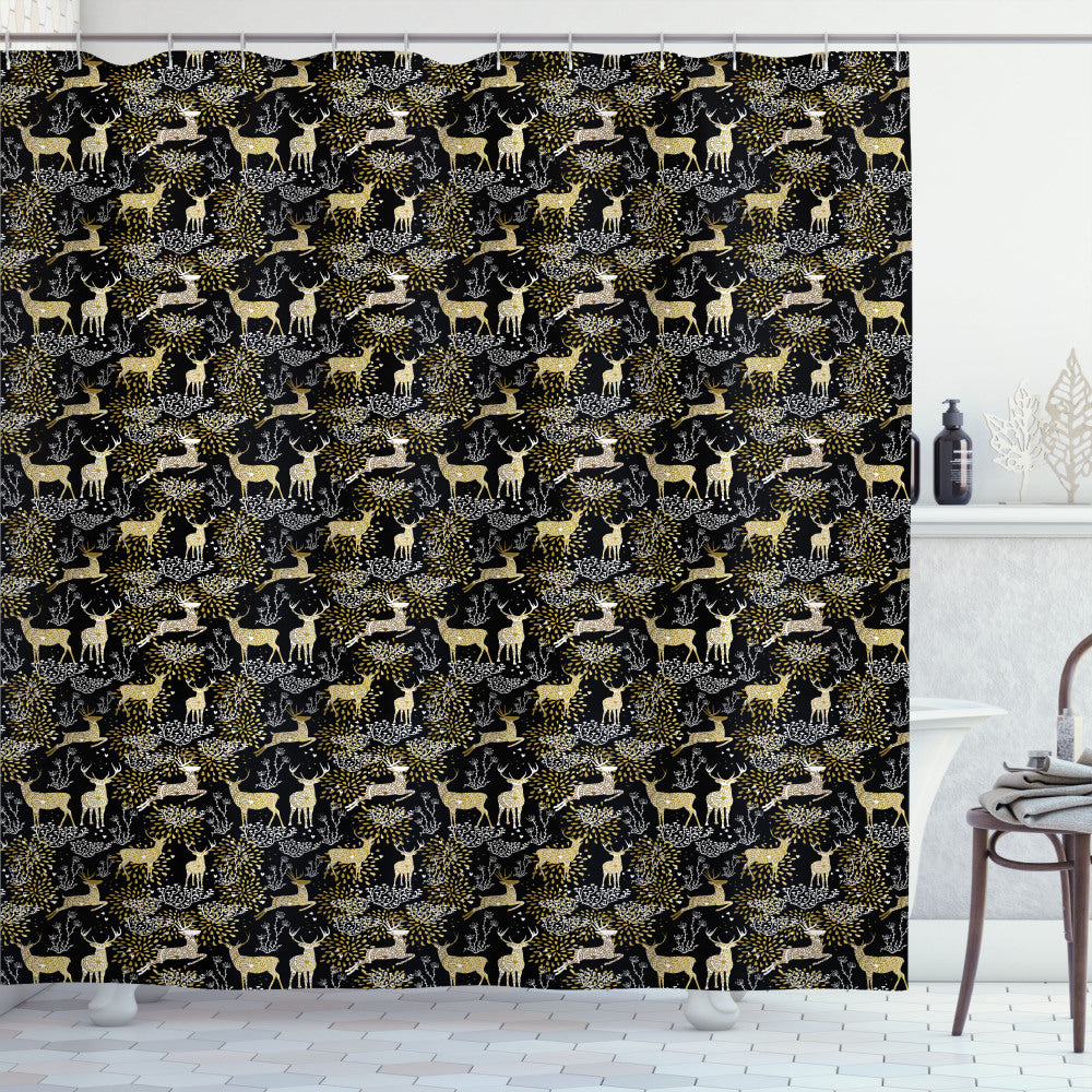 Christmas-themed Oriental Deer Shower Curtain in Yellow, White, and Black