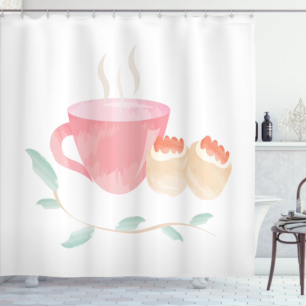 Watercolor Tea Party Shower Curtain in Pale Pink, Salmon, Champagne, and Almond Green Palette