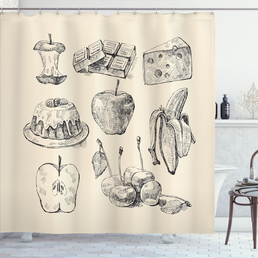 Vintage Hand-Drawn Sketch Black and Eggshell Bath Curtain