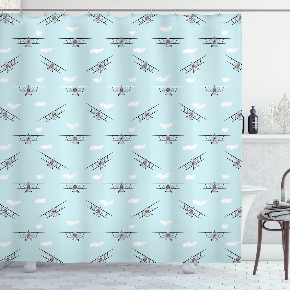 Vintage Biplane Aircraft Design Shower Curtain in pale blue, white, and black