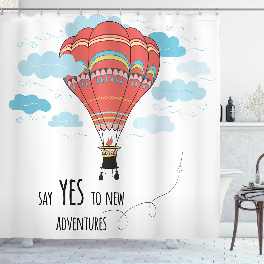 Cartoon Hot Air Balloon Design Shower Curtain in Sky Blue and CoralColor Palette