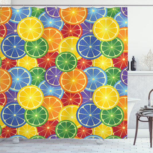 Abstract Tropic Orange Fruit-Inspired Shower Curtain Featuring Yellow, Green, and Blue Tones