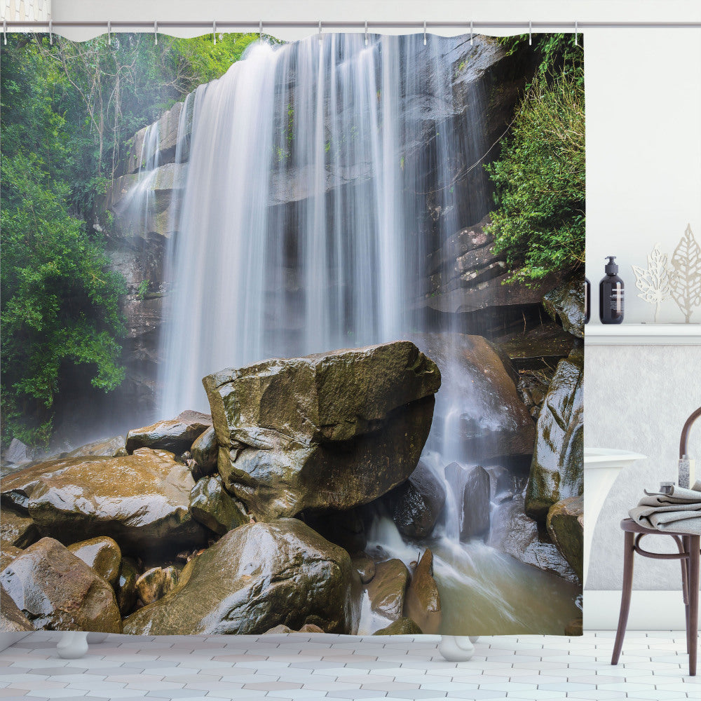 Tropical Waterfalls-themed Shower Curtain in Green, Brown, and White Colors