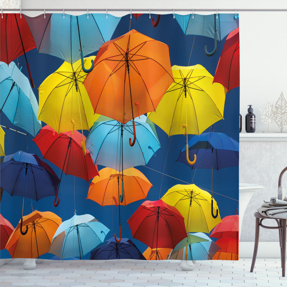 Vibrant Multicolor Umbrellas Adorn the Sky: A Colorful Twist for Your Bathroom with a Shower Curtain